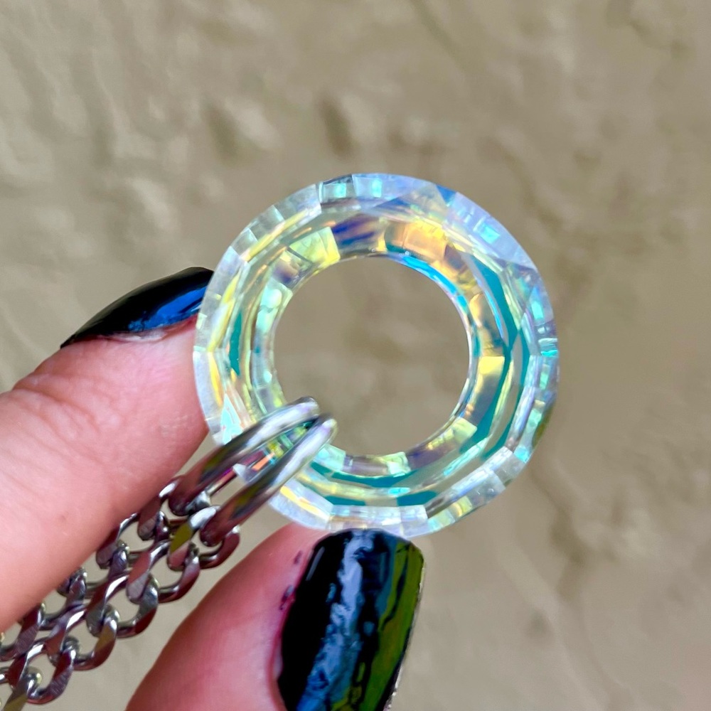 Rainbow Crystal necklace . Swarovski iridescent circle steel cuban chain choker - Picture 2 of 16